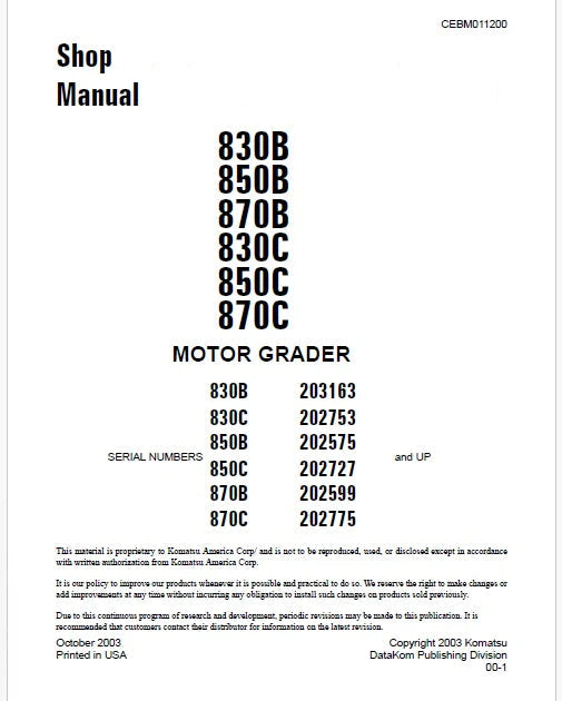 Komatsu 870C Motor Grader Pdf Repair Service Manual Sn 202775 and UP