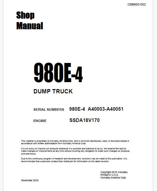 Komatsu 980E-4 Dump Truck Pdf Repair Service Manual Sn A40003-A40051