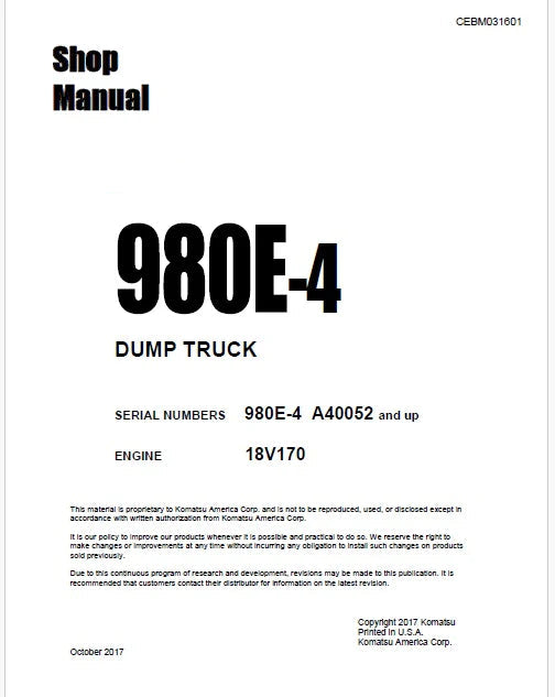 Komatsu 980E-4 Dump Truck Pdf Repair Service Manual Sn A40052 and UP