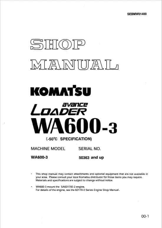 Komatsu Avance WA600-3 Wheel Loader Pdf Shop Repair Service Manual Sn 50363 And Up
