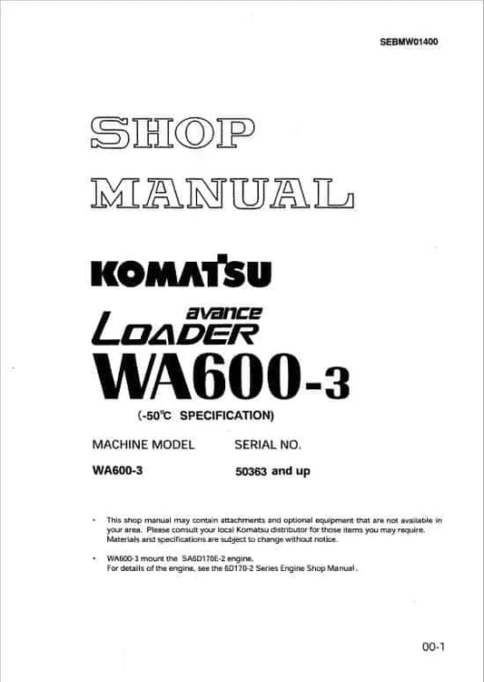 Komatsu Avance WA600-3 Wheel Loader Pdf Shop Repair Service Manual Sn 50363 And Up