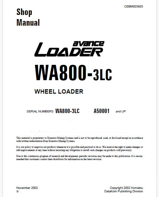 Komatsu Avance WA800-3LC Wheel Loader Pdf Repair Service Manual Sn A50001 and UP