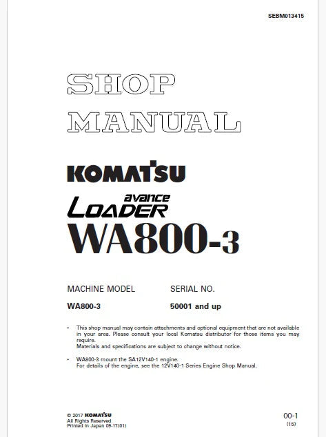 Komatsu Avance WA800-3 Wheel Loader Pdf Repair Service Manual Sn 50001 and UP