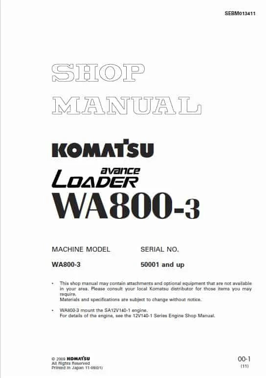 Komatsu Avance WA800-3 Wheel Loader Pdf Shop Repair Service Manual Sn 50001 And UP