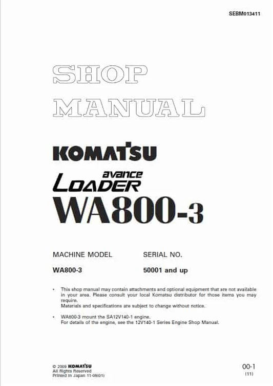 Komatsu Avance WA800-3 Wheel Loader Pdf Shop Repair Service Manual Sn 50001 And UP