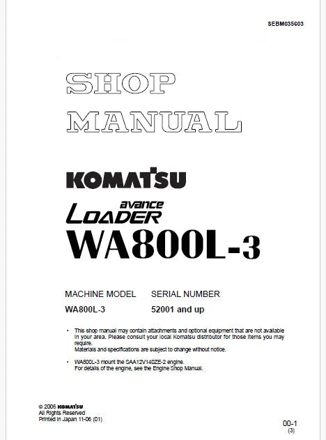 Komatsu Avance WA800L-3 Wheel Loader Pdf Repair Service Manual Sn 52001 and UP