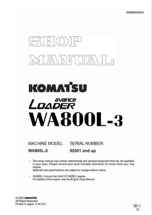 Komatsu Avance WA800L-3 Wheel Loader Pdf Shop Repair Service Manual Sn 52001 And UP