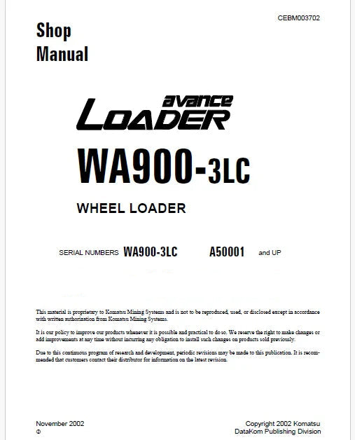 Komatsu Avance WA900-3LC Wheel Loader Pdf Repair Service Manual Sn A50001 and UP