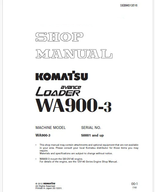 Komatsu Avance WA900-3 Wheel Loader Pdf Repair Service Manual Sn 50001 and UP