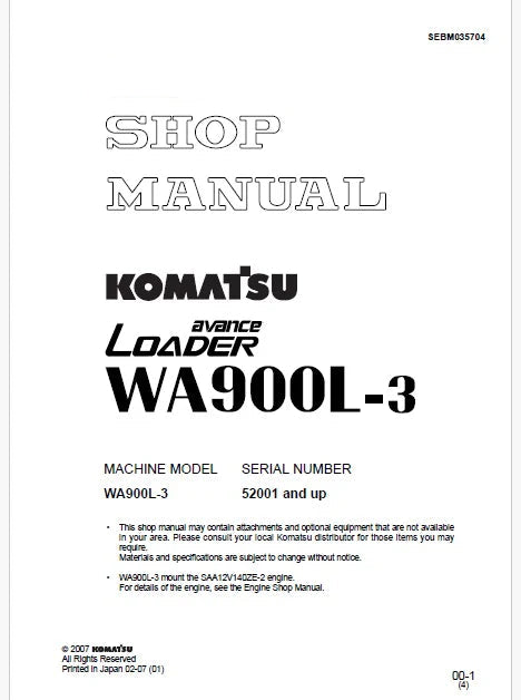 Komatsu Avance WA900L-3 Wheel Loader Pdf Repair Service Manual Sn 52001 and UP