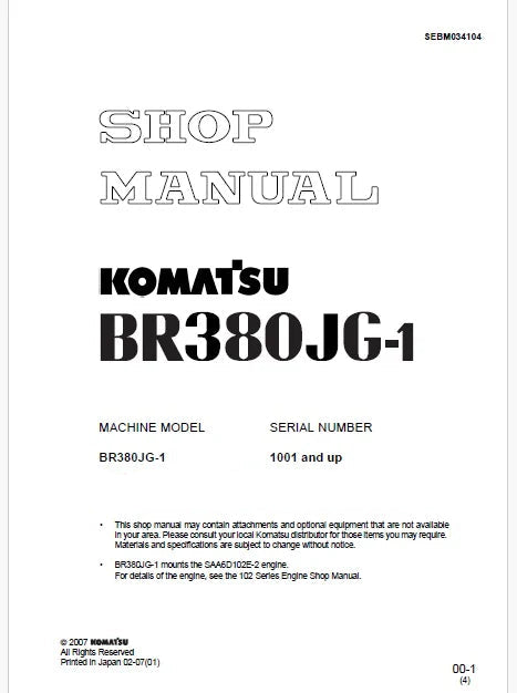 Komatsu BR380JG-1 Mobile Crusher Pdf Repair Service Manual Sn 1001 and UP