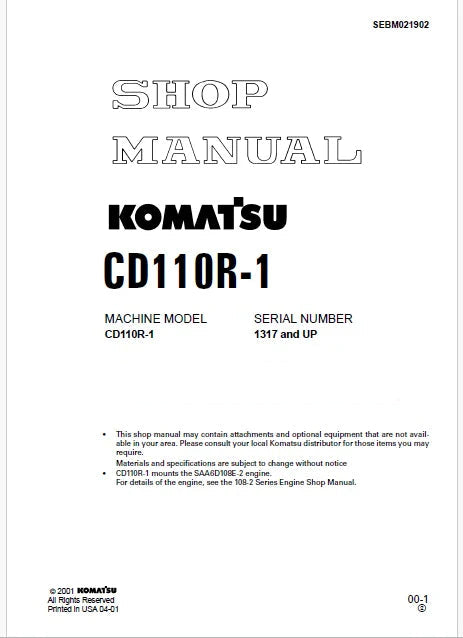 Komatsu CD110R-1 Crawler Carriers Pdf Repair Service Manual Sn 1317 and UP