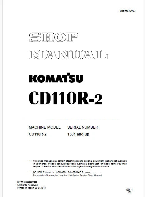 Komatsu CD110R-2 Crawler Carriers Pdf Repair Service Manual Sn 1501 and UP