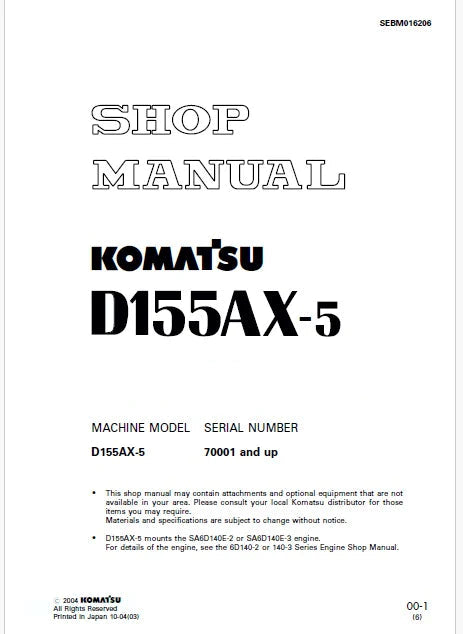 Komatsu D155AX-5 Bulldozer Pdf Shop Repair Service Manual Sn 70001 and UP