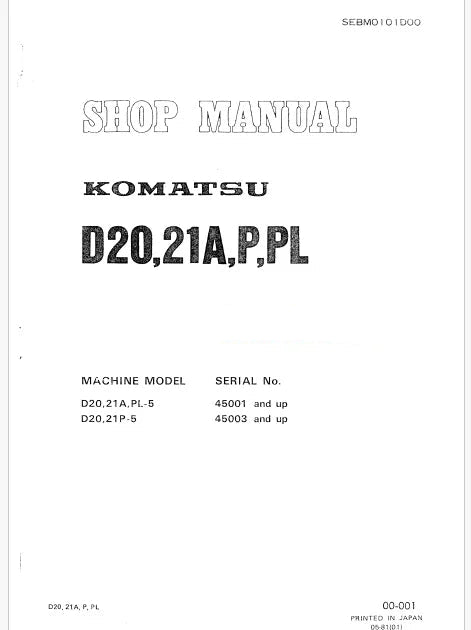Komatsu D20-5, D21P-5 Bulldozer Pdf Repair Service Manual Sn 45003 and UP