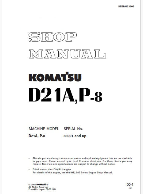 Komatsu D21A-8, D21P-8 Bulldozer Pdf Repair Service Manual Sn 83001 and UP