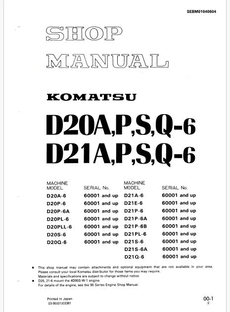 Komatsu D21P-6B, D21P-6B, D21PL-6, D21S-6, D21S-6A, D21Q-6 Bulldozer Pdf Repair Service Manual Sn 60001 and UP