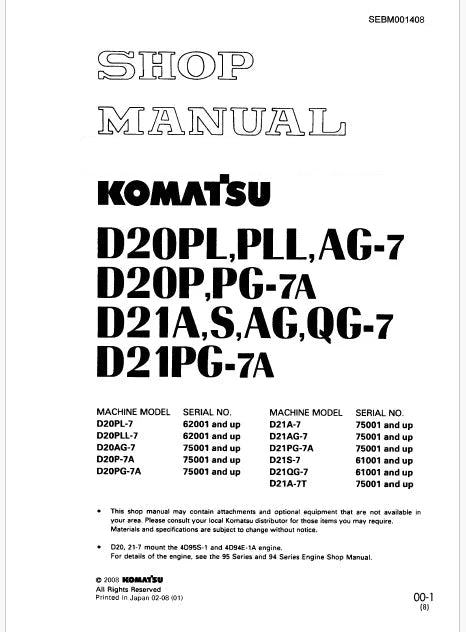 Komatsu D21S-7, D21QG-7 Bulldozer Pdf Repair Service Manual Sn 61001 and UP