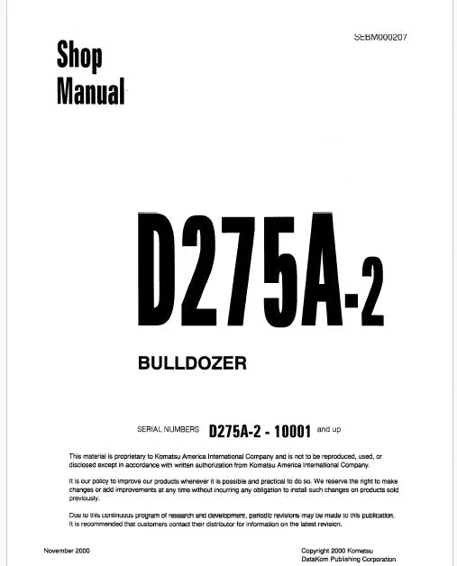 Komatsu D275A-2 Bulldozer Pdf Shop Repair Service Manual Sn 10001 and UP