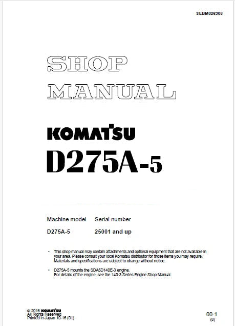 Komatsu D275A-5 Bulldozer Pdf Shop Repair Service Manual Sn 25001 and UP