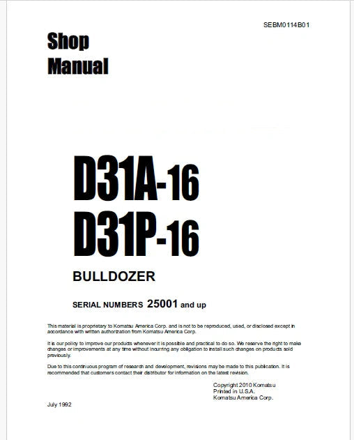 Komatsu D31A-16, D31P-16 Bulldozer Pdf Shop Repair Service Manual Sn 25001 and UP
