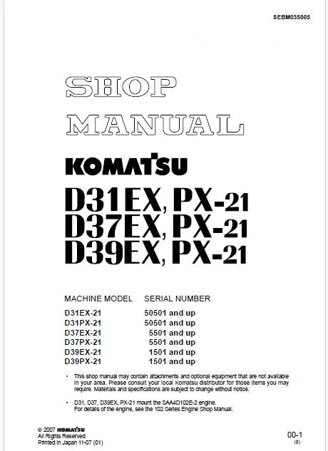Komatsu D31EX-21, D31PX-21 Bulldozer Pdf Shop Repair Service Manual Sn 50501 and UP