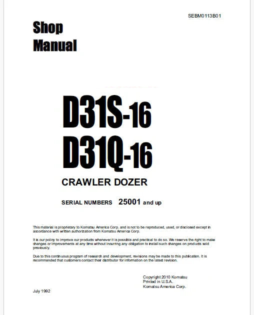 Komatsu D31S-16, D31Q-16 Crawler Dozer Pdf Repair Service Manual Sn 25001 and UP