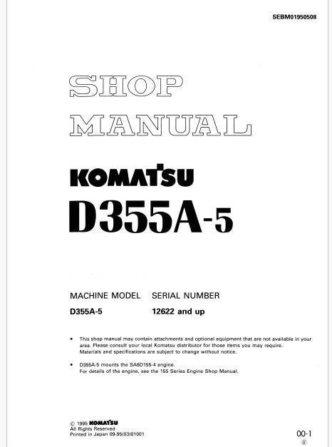 Komatsu D355A-5 Bulldozer Pdf Shop Repair Service Manual Sn 12622 and UP