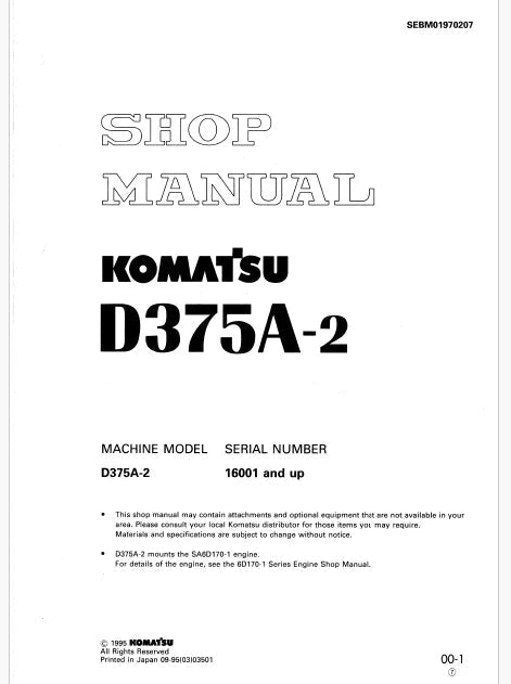 Komatsu D375A-2 Bulldozer Pdf Repair Service Manual Sn 16001 and UP