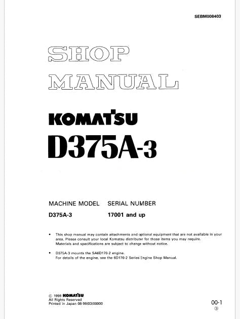 Komatsu D375A-3 Bulldozer Pdf Repair Service Manual Sn 17001 and UP
