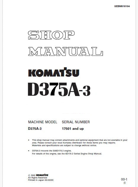 Komatsu D375A-3 Bulldozer Pdf Repair Service Manual Sn 17501 and UP