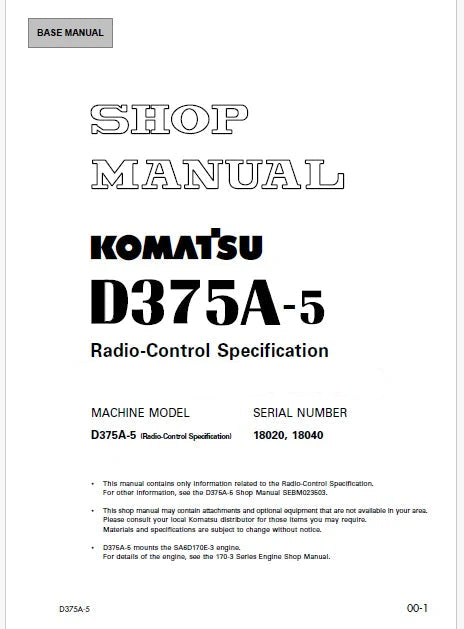 Komatsu D375A-5 Bulldozer Pdf Repair Service Manual Sn 18020 and UP