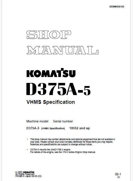 Komatsu D375A-5 Bulldozer ecot3 Pdf Repair Service Manual Sn 18052 and UP