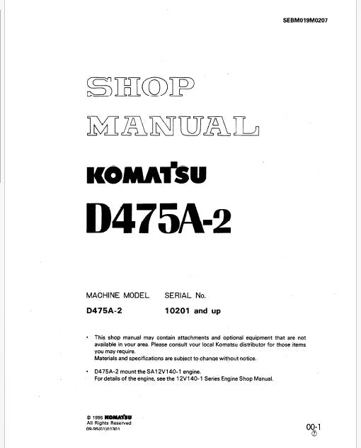 Komatsu D475A-2 Bulldozer Pdf Repair Service Manual Sn 10201 and UP