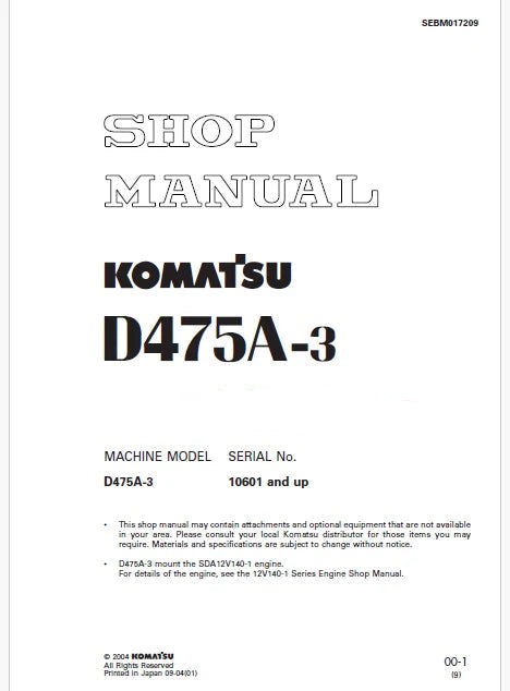 Komatsu D475A-3 Bulldozer Pdf Repair Service Manual Sn 10601 and UP