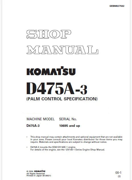 Komatsu D475A-3 Bulldozer Pdf Repair Service Manual Sn 10695 and UP