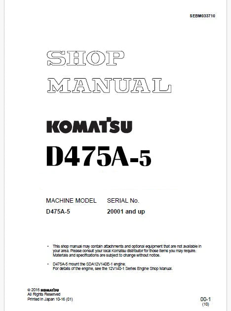 Komatsu D475A-5 Bulldozer Pdf Repair Service Manual Sn 20001 and UP