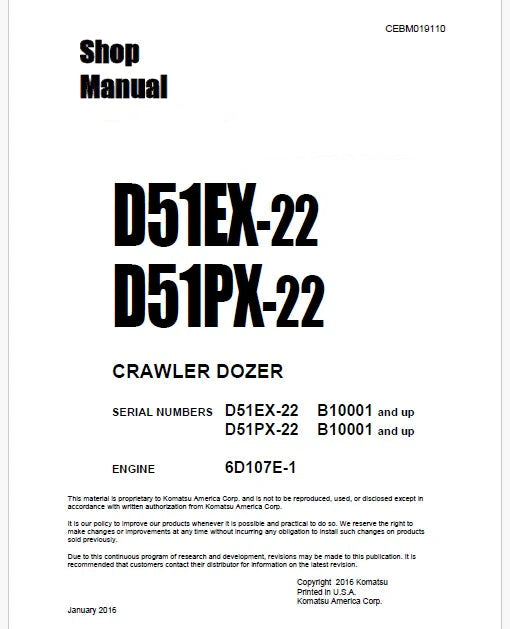 Komatsu D51EX-22, D51PX-22 Bulldozer Pdf Shop Repair Service Manual Sn B10001 and UP
