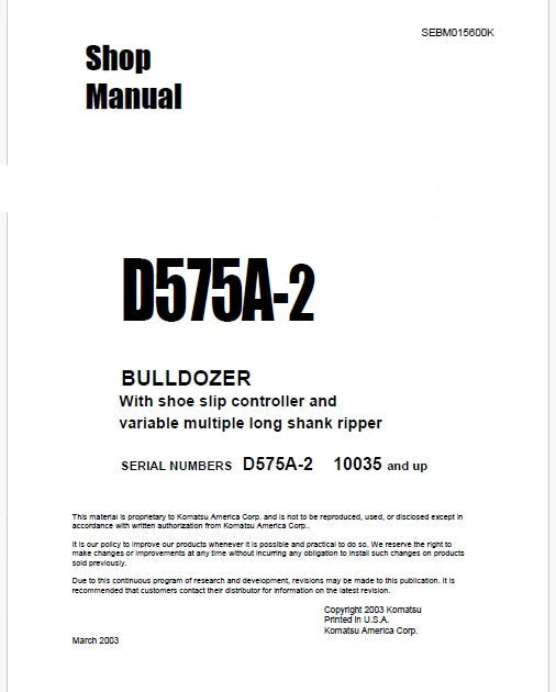 Komatsu D575A-2 Bulldozer Pdf Repair Service Manual Sn 10035 and UP