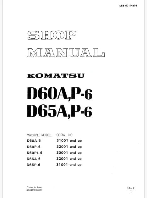 Komatsu D60PL-6 Bulldozer Pdf Shop Repair Service Manual Sn 30001 and UP