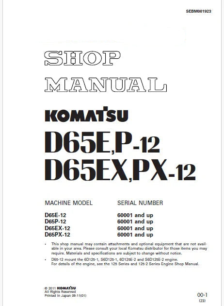 Komatsu D65E-12, D65P-12, D65EX-12, D65PX-12 Bulldozer Pdf Shop Repair Service Manual Sn 60001 and UP