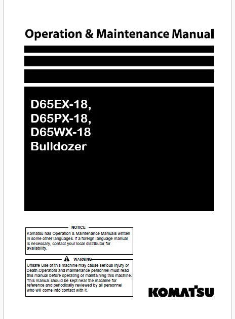 Komatsu D65EX-18, D65PX-18, D65WX-18 Bulldozer Pdf Operation and Maintenance Manual