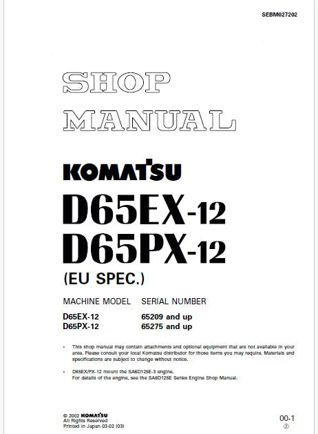 Komatsu D65PX-12 Bulldozer Pdf Shop Repair Service Manual Sn 65275 and UP (JPN)