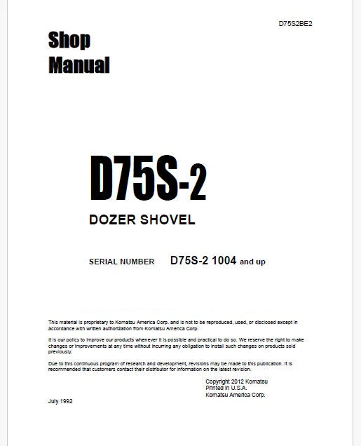 Komatsu D75S-2 Crawler Loader Pdf Repair Service Manual Sn 1004 and UP