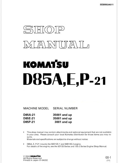 Komatsu D85P-21 Bulldozer Pdf Shop Repair Service Manual Sn 3001 and UP