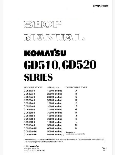 Komatsu GD525A-1B Motor Grader Pdf Repair Service Manual Sn 55001 and UP