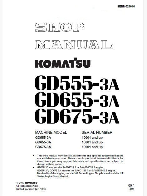 Komatsu GD555-3A, GD655-3A, GD675-3A Motor Grader Pdf Repair Service Manual Sn 10001 and UP
