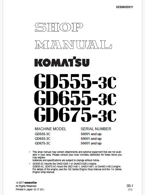 Komatsu GD555-3C, GD655-3C, GD675-3C Motor Grader Pdf Repair Service Manual Sn 50001 and UP