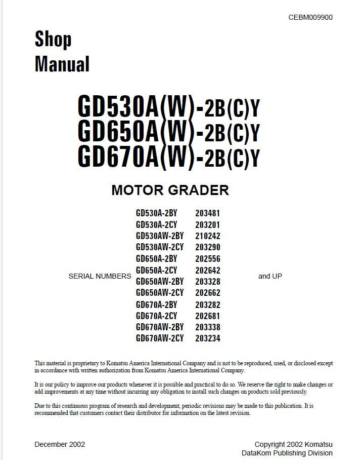 Komatsu GD670A(W)-2B(C)Y Motor Grader Pdf Repair Service Manual