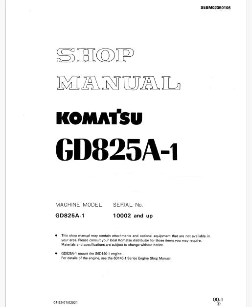 Komatsu GD825A-1 Motor Grader Pdf Repair Service Manual Sn 10002 and UP